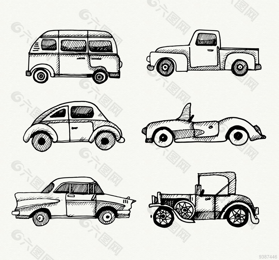交通工具卡车面包车老爷车手绘线描