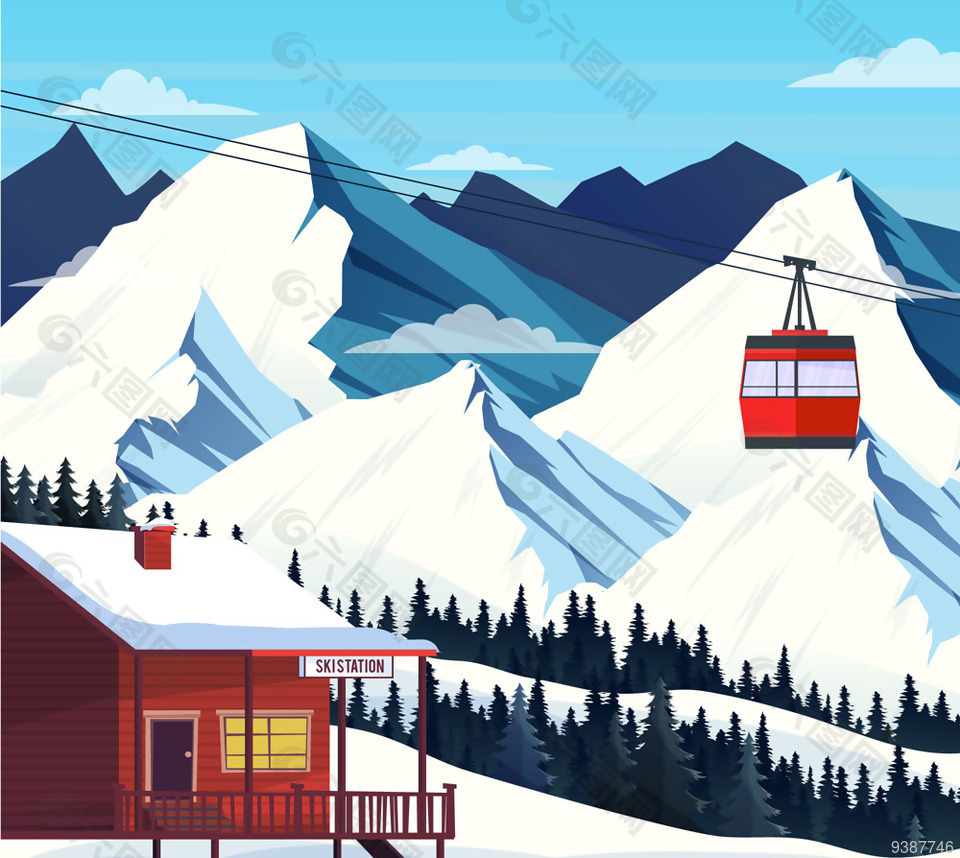 雪山缆车房屋卡通素材