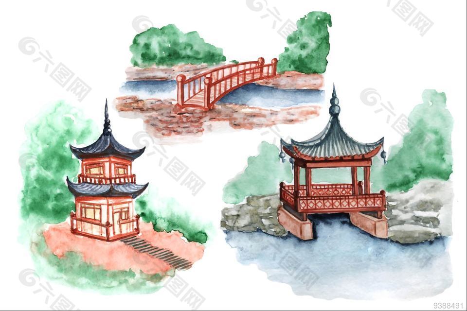 中式庭院水彩画设计