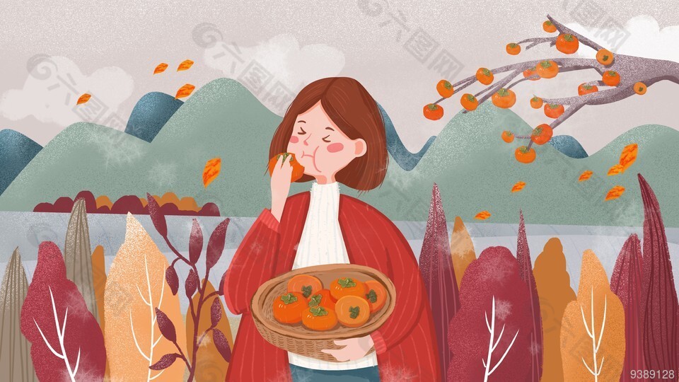 小女孩吃柿子霜降插画素材