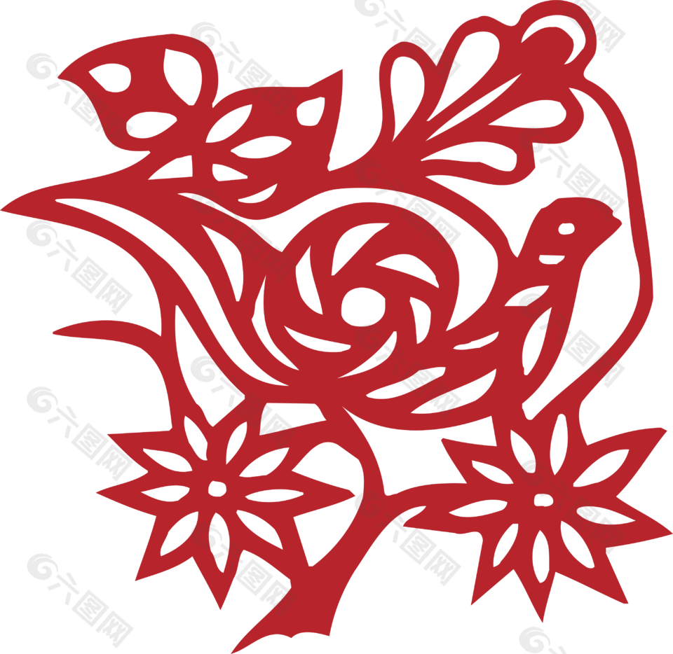 红色花剪纸素材下载