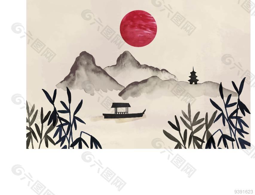中式山水壁画banner背景下载