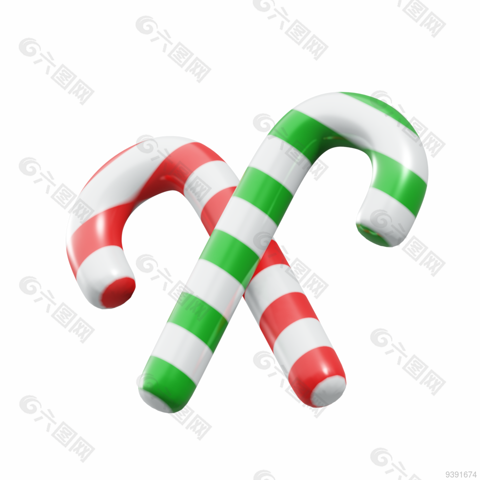 卡通立体圣诞节拐杖免扣素材