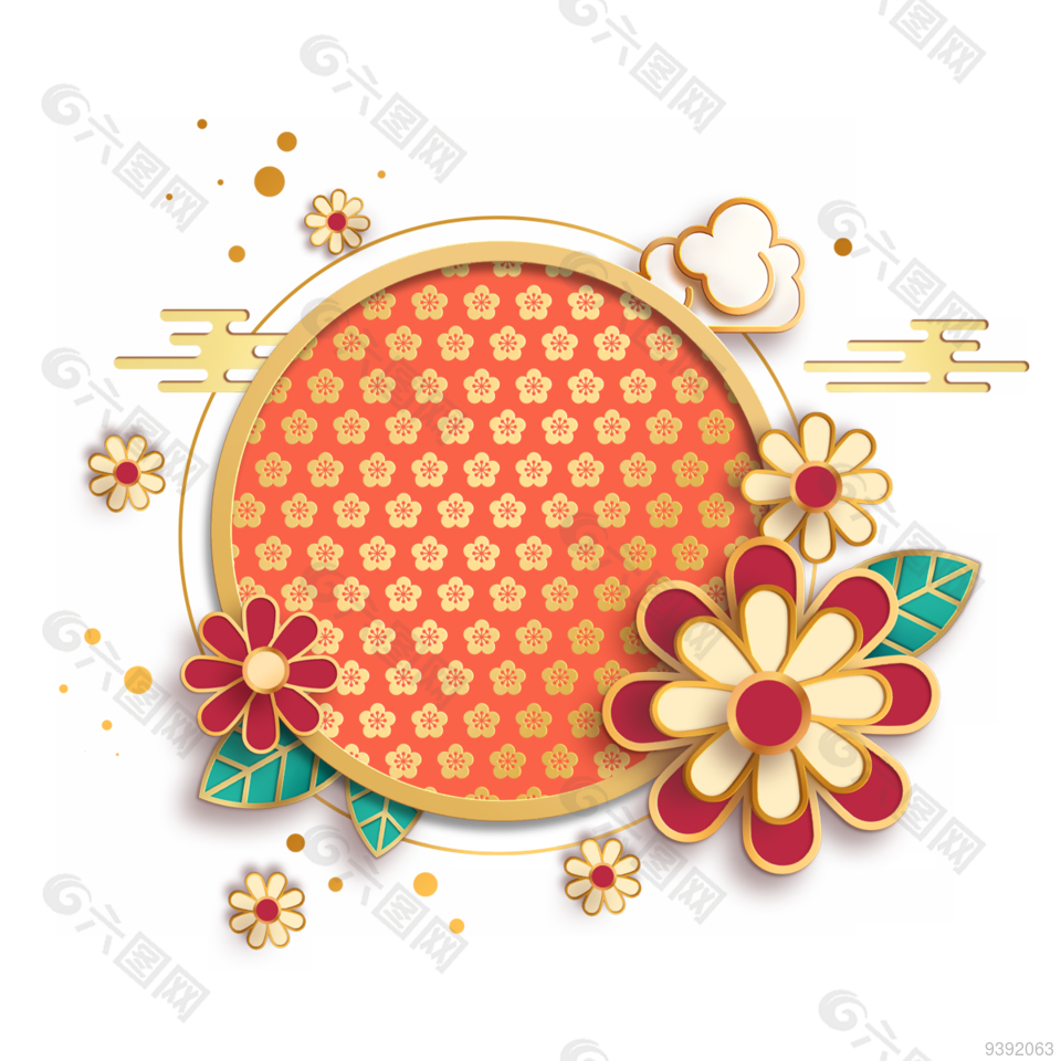 中国风节日新年红色花朵剪纸立体边框插图
