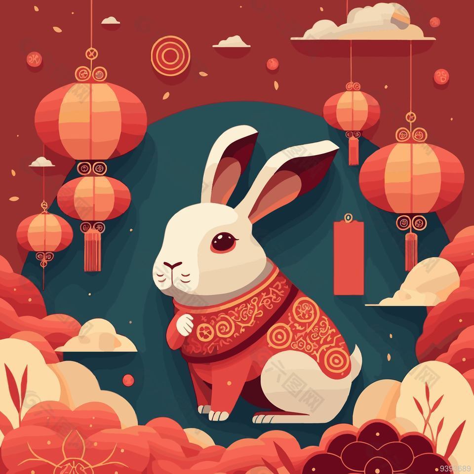 红色中国风兔年节日插画图案下载