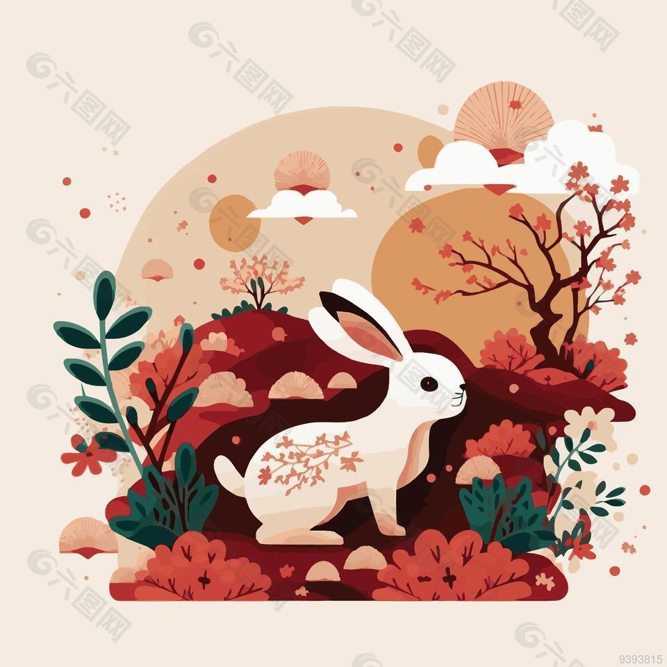 手绘创意新春兔子风景插画