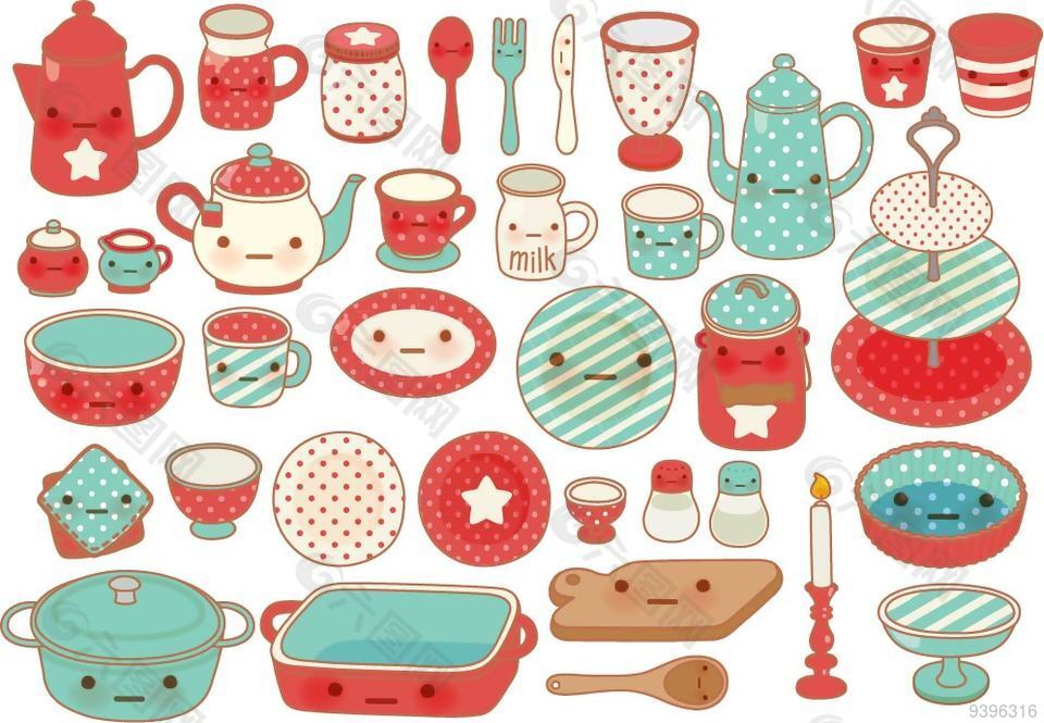 彩色厨房餐具用品矢量元素合集
