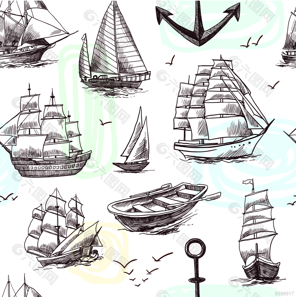 帆船手绘铅笔画图案下载