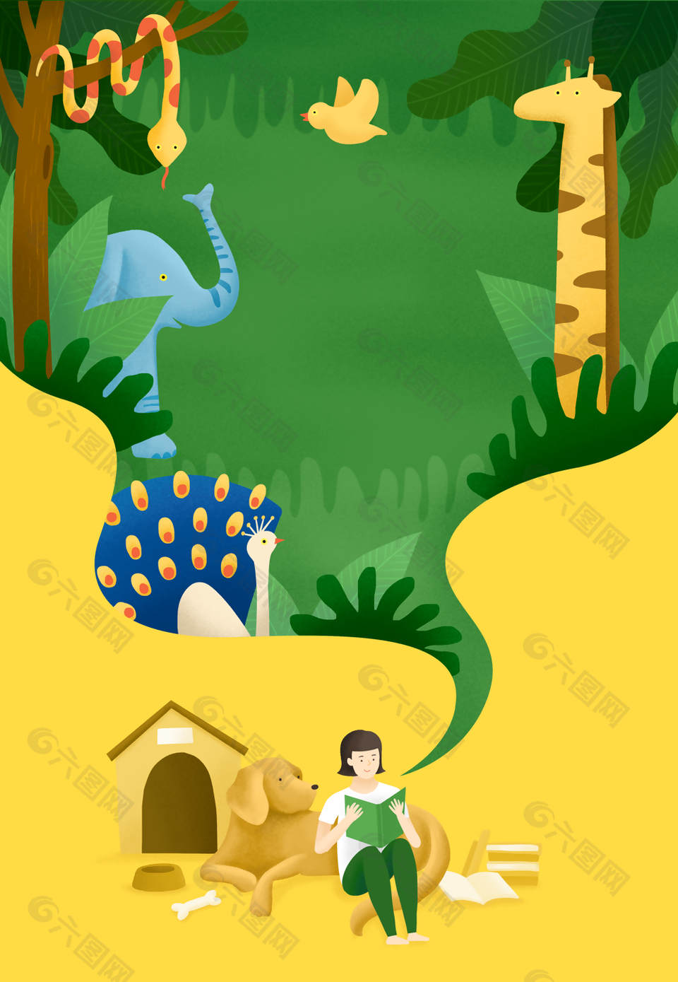 手绘卡通儿童阅读插画图片