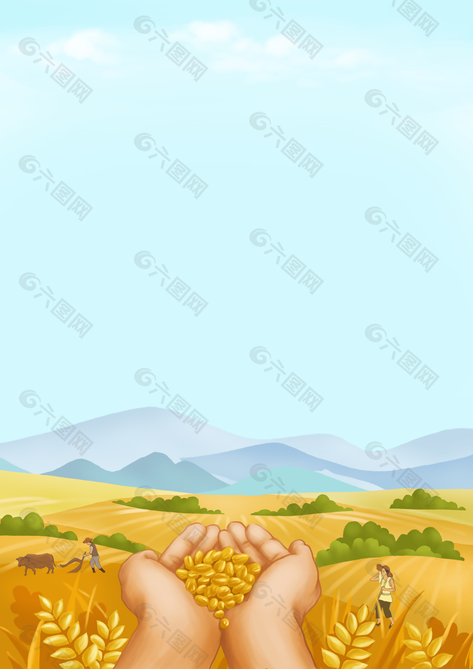 清新黄色芒种麦子收获背景图设计
