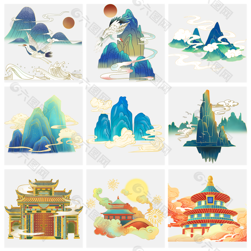 手绘中国风山河插图素材下载