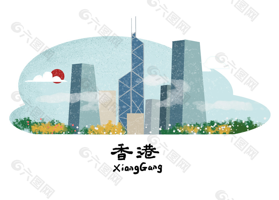 手绘香港地标风景插画模板设计
