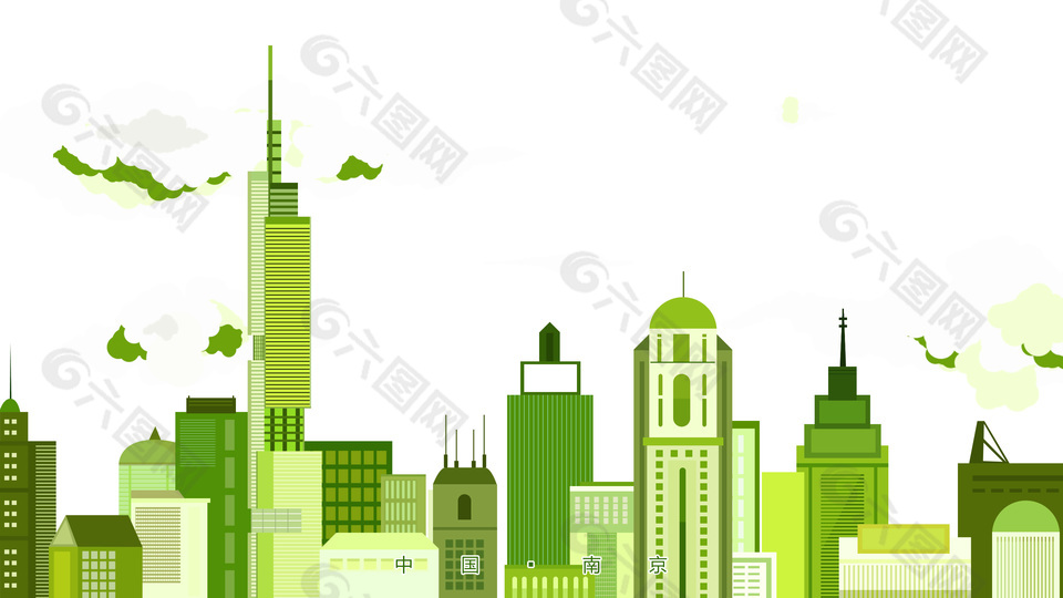 绿色手绘线描南京城市剪影图片下载