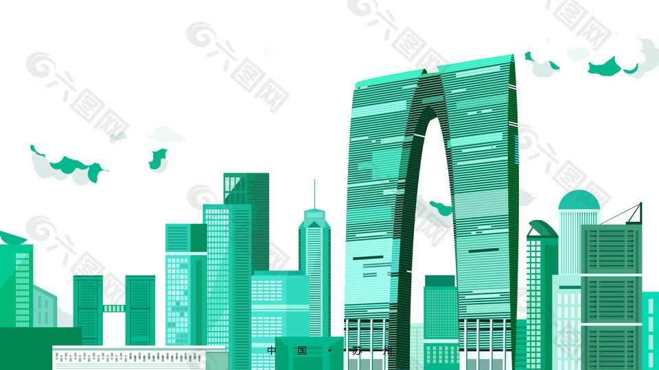 手绘苏州城市景点建筑物线描图片素材