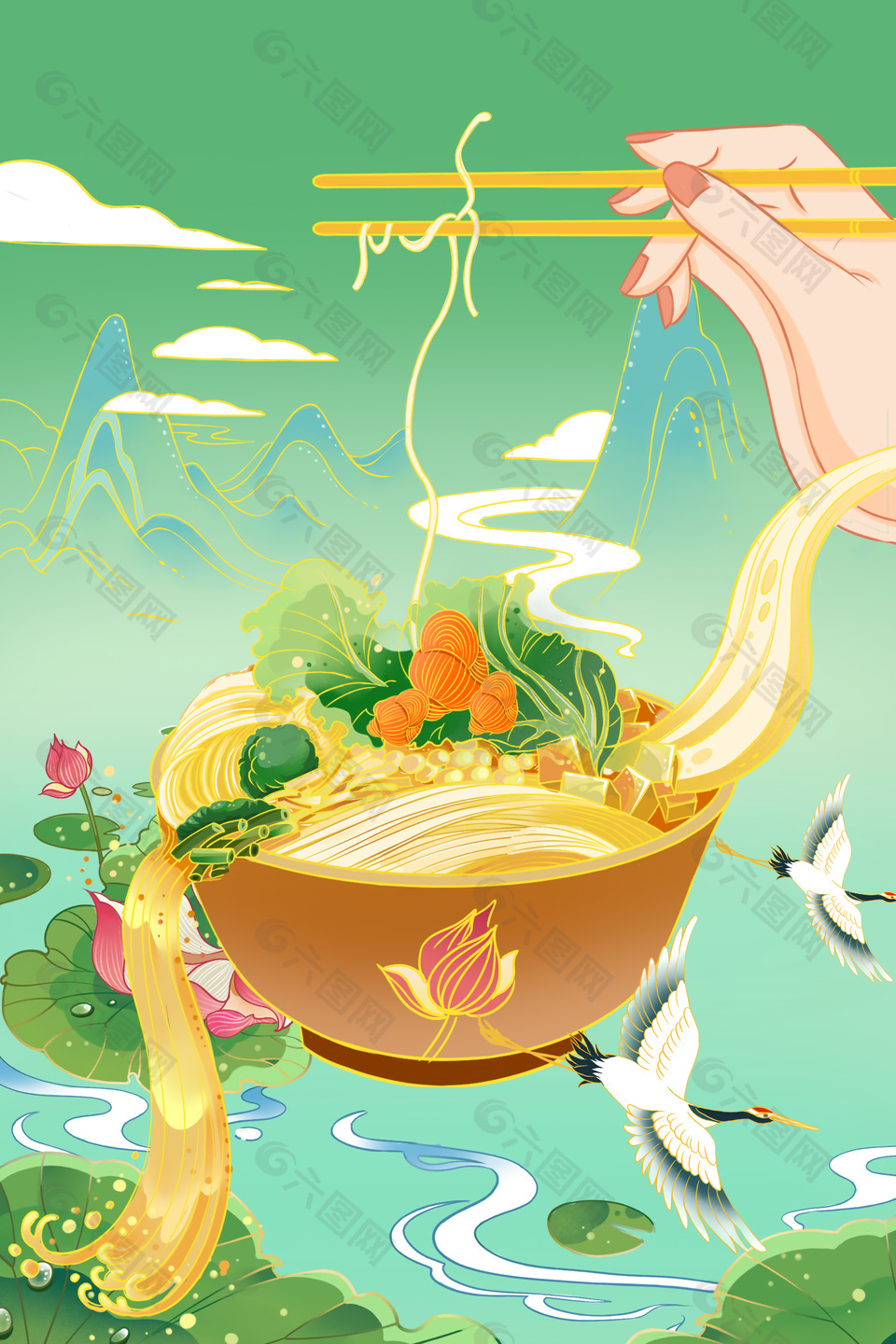 绿色主题系列手绘山水画创意素材下载