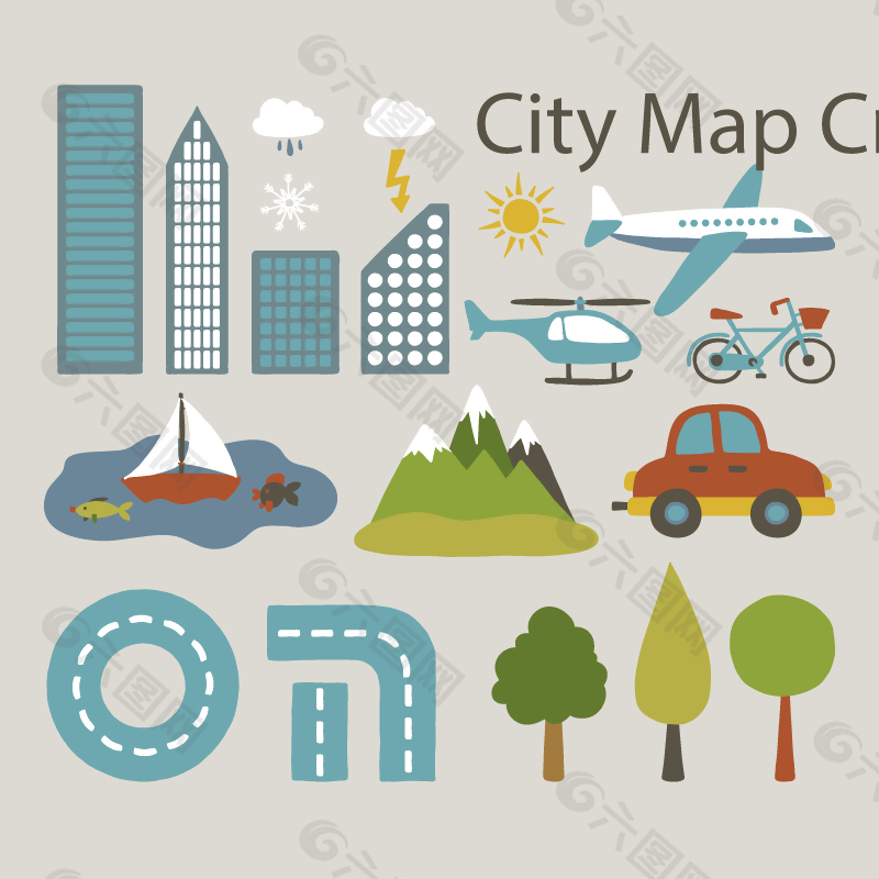 城市地图元素卡通插画素材下载