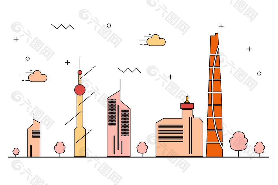 矢量手绘线稿城市建筑元素插画