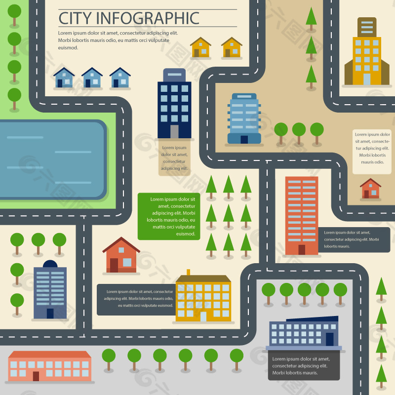 Q版扁平风城市道路建筑地图矢量素材下载