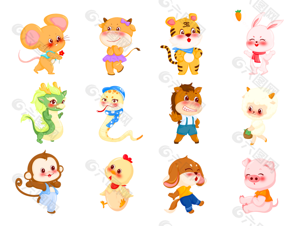 卡通风十二生肖素材图片下载