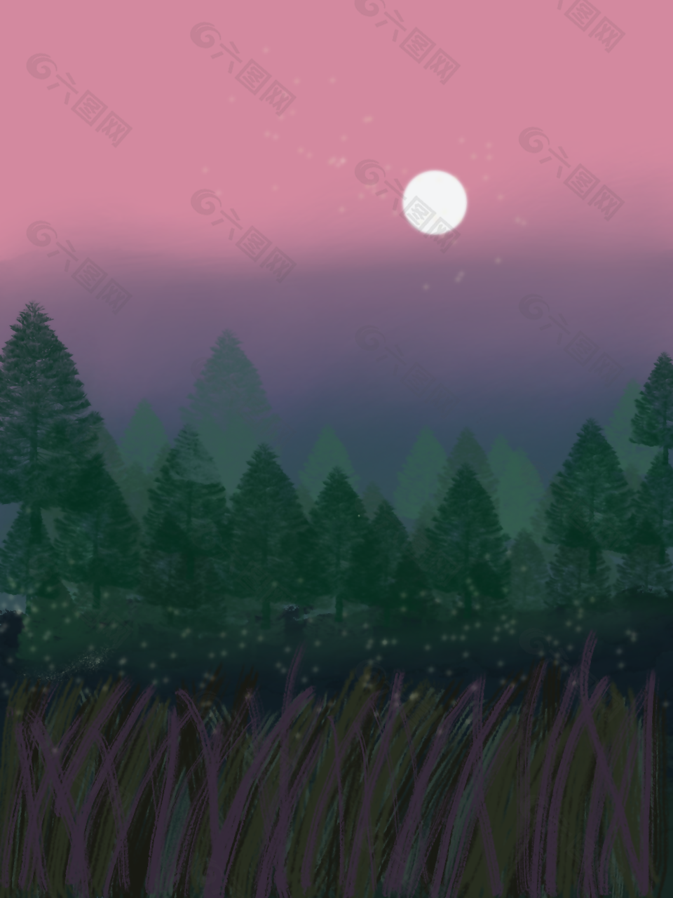 个性创意唯美手绘风山林月亮夜景素材设计