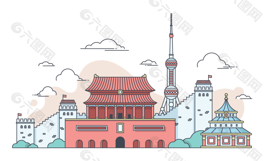 手绘彩色城市建筑矢量线稿元素