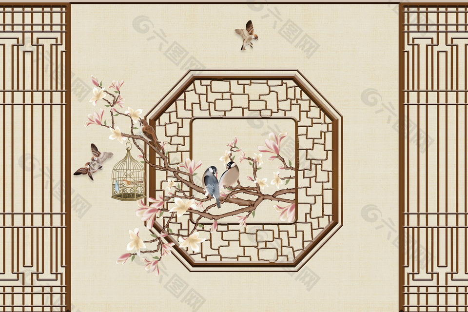 中式国画牡丹花鸟图