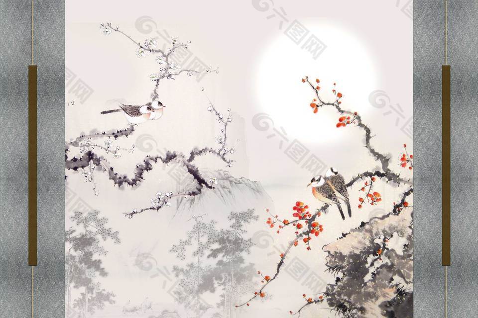 新中式梅花装饰画背景素材
