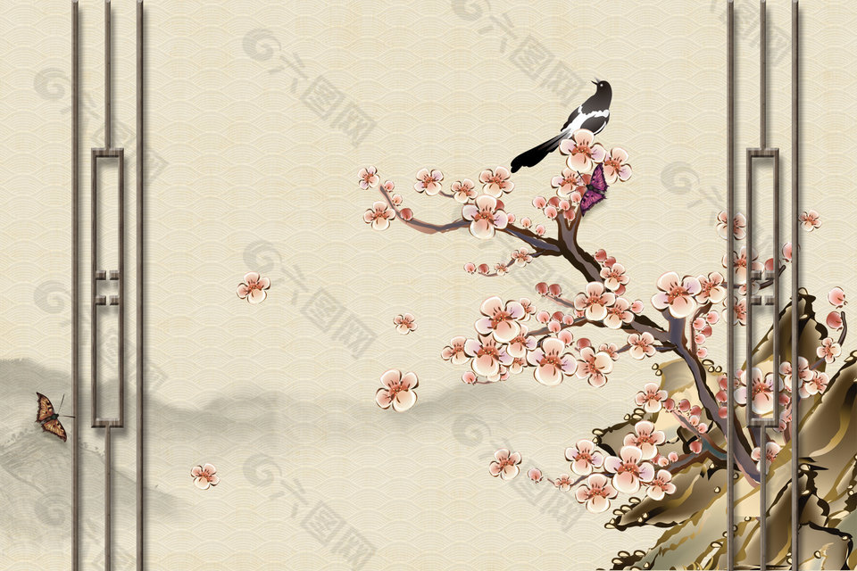 新中式梅花飘落背景墙图片