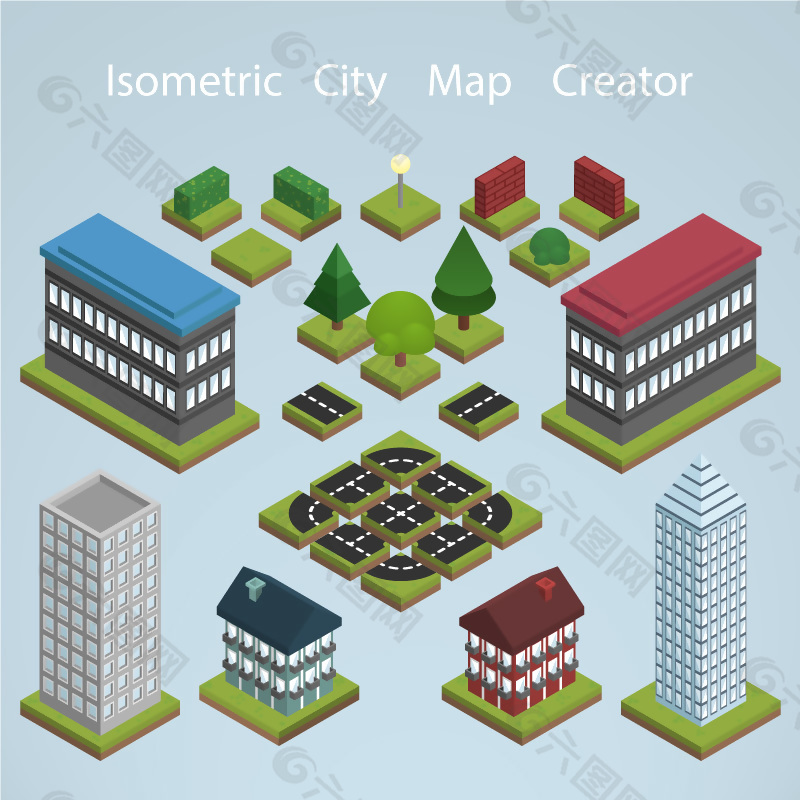 等角城市地图创建3d建筑元素设计