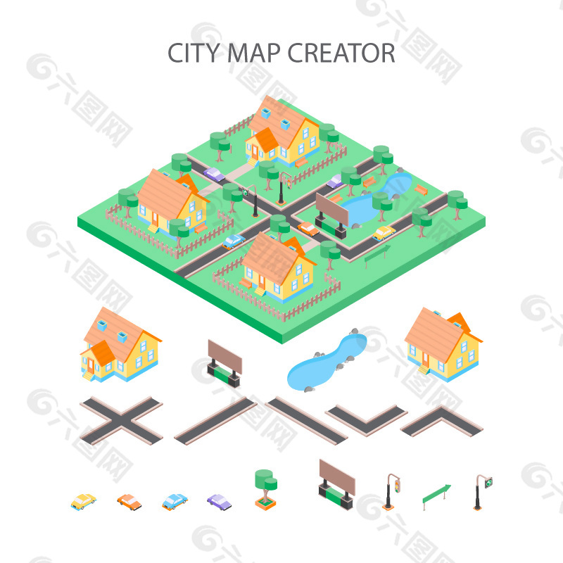 城市地图创建道路建筑交通标志元素素材下载