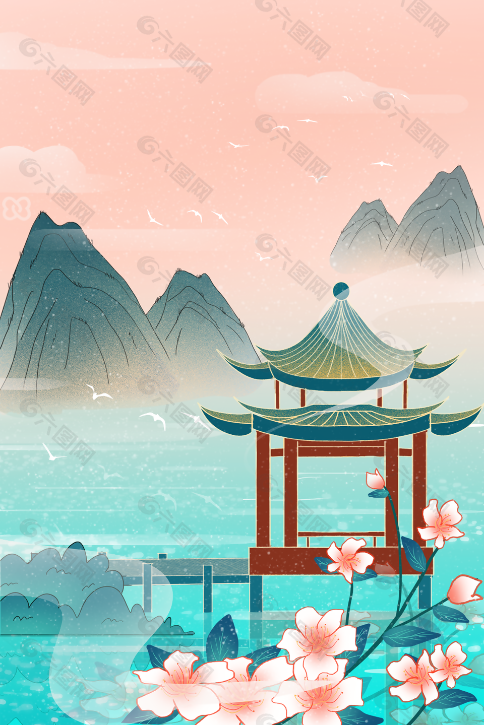 唯美复古中国风山水亭台插画背景图设计