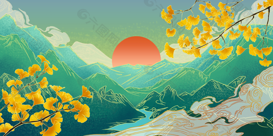 复古中国风手绘插画秋天H5背景图设计