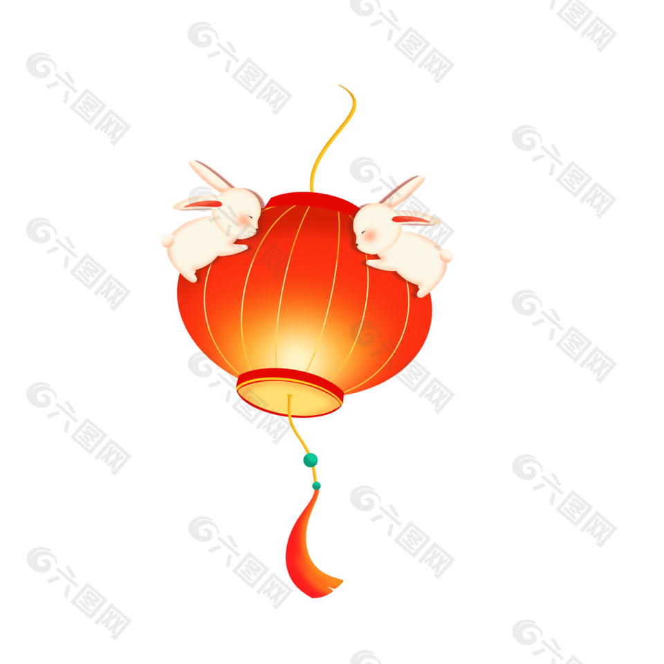 中式简约卡通手绘双兔抱灯笼中秋节元素设计
