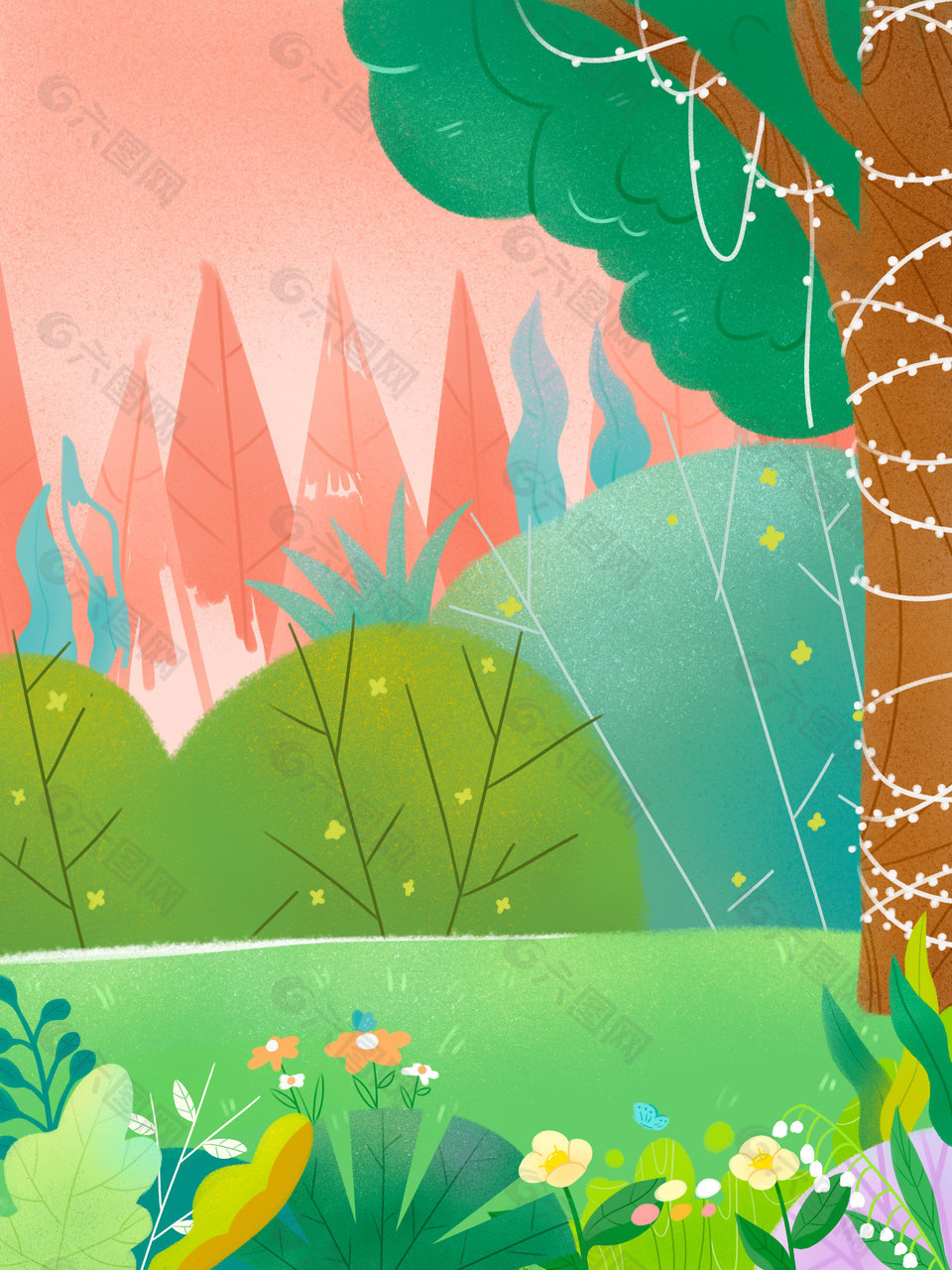森林线条元素创意插画手绘背景