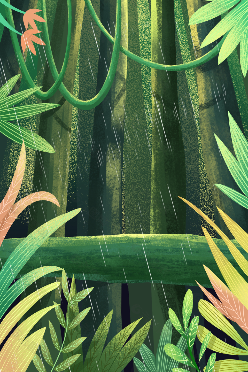 灌木森林雨水创意手绘插画背景