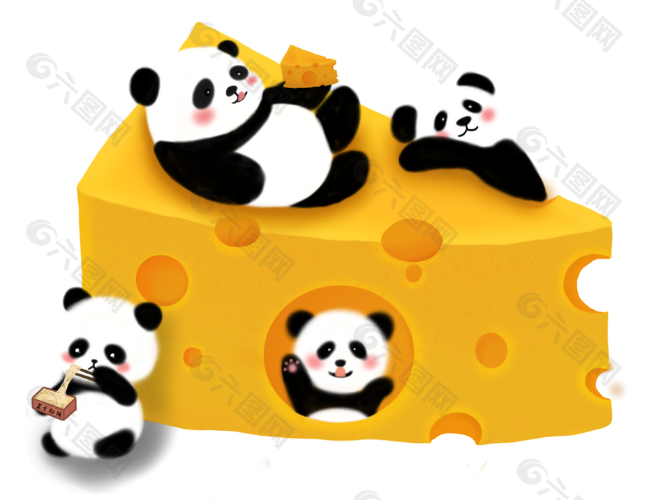 创意可爱水彩手绘小熊猫爬奶酪素材设计