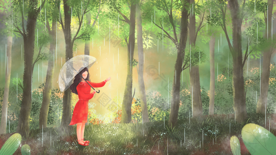 森系静谧雨中漫步创意背景插画