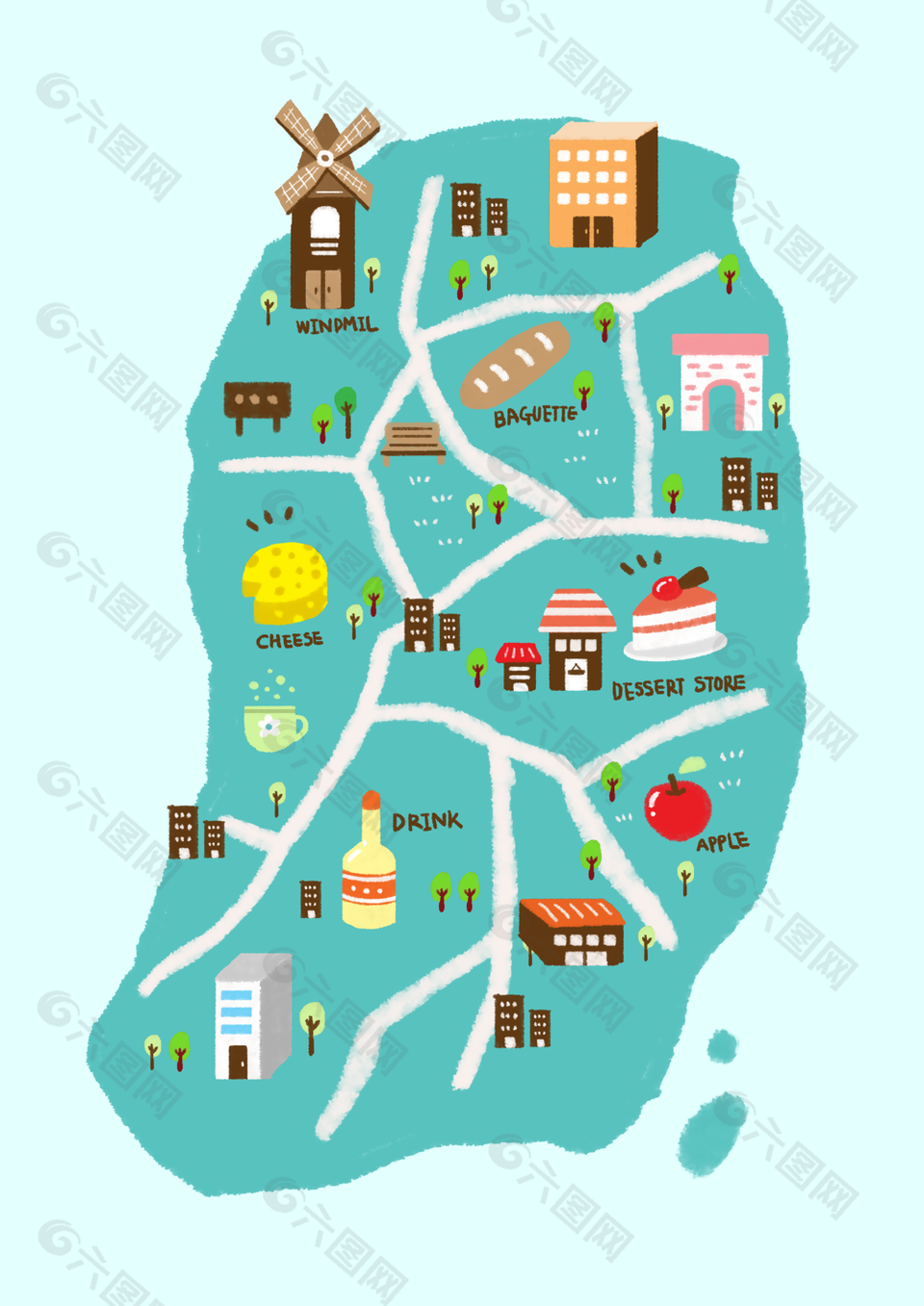 手绘卡通风格景区旅游路线图素材下载
