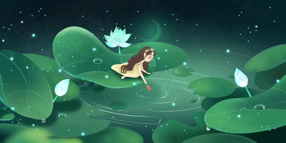 创意人物莲叶插画背景