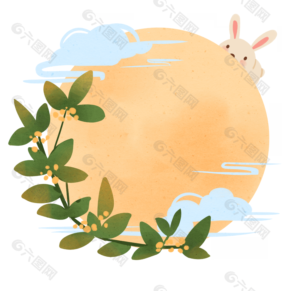 手绘中秋玉兔圆月桂花装饰元素插画设计