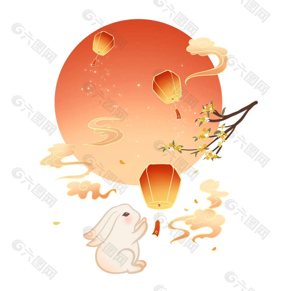 中秋节玉兔放孔明灯情景插画免扣素材下载
