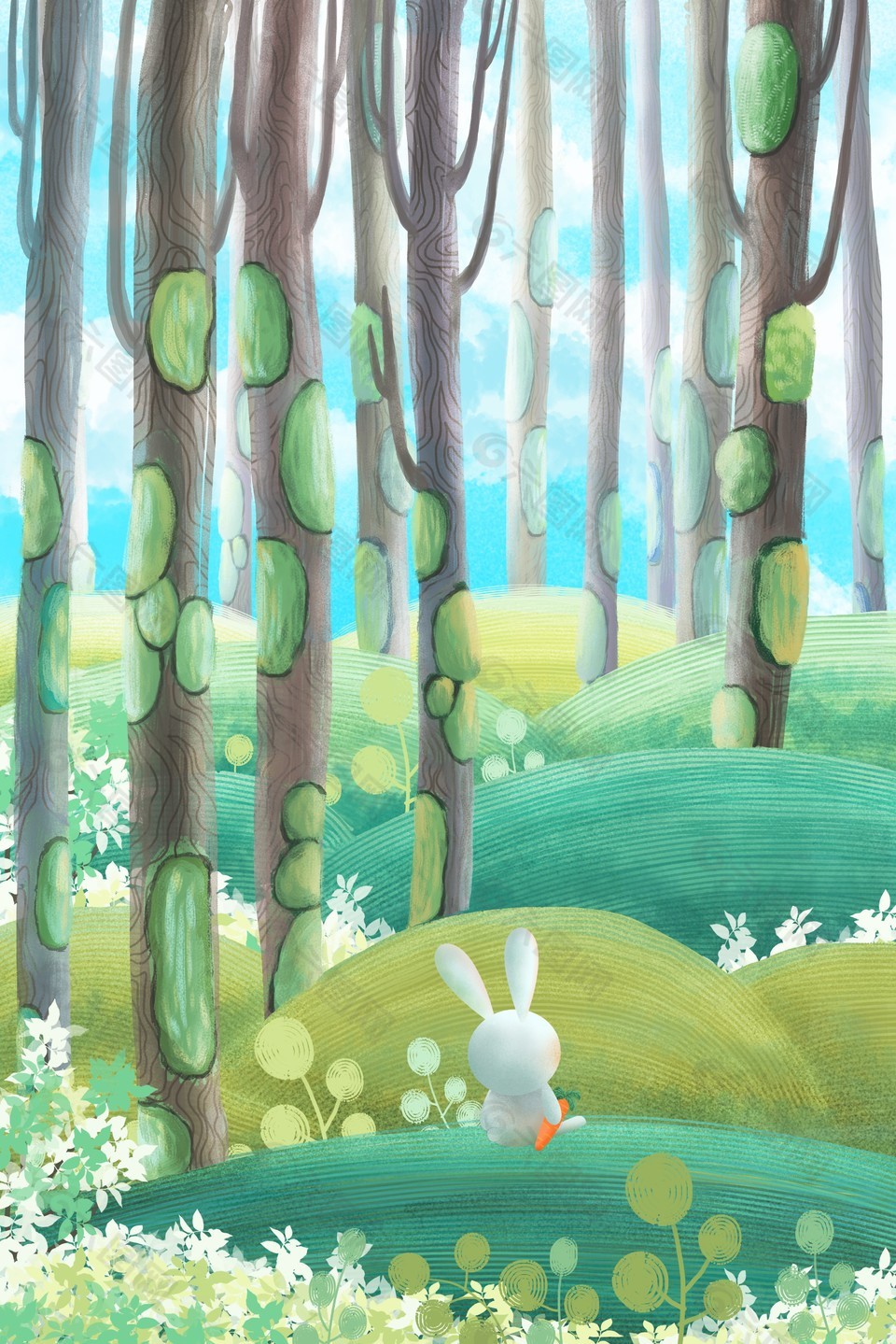 森系小兔创意绿色插画背景