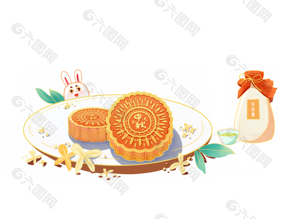中秋佳节玉兔月饼卡通装饰元素免扣图片下载