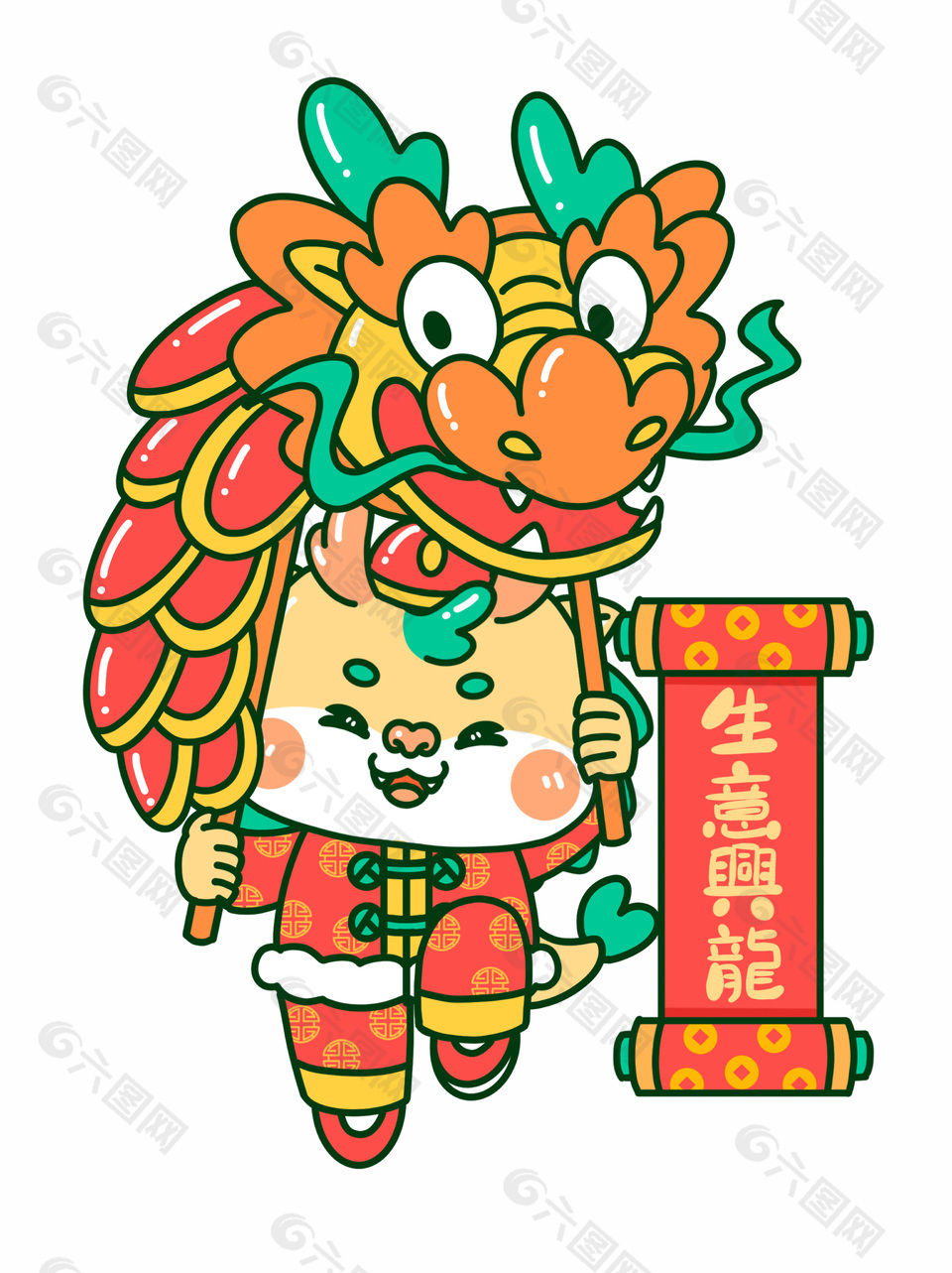 手绘拟人风卡通龙新年舞狮插画素材