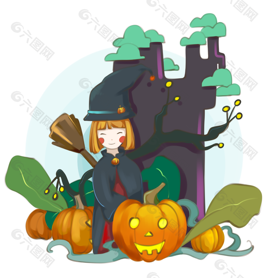 手绘扫帚魔女南瓜灯万圣节插画素材下载
