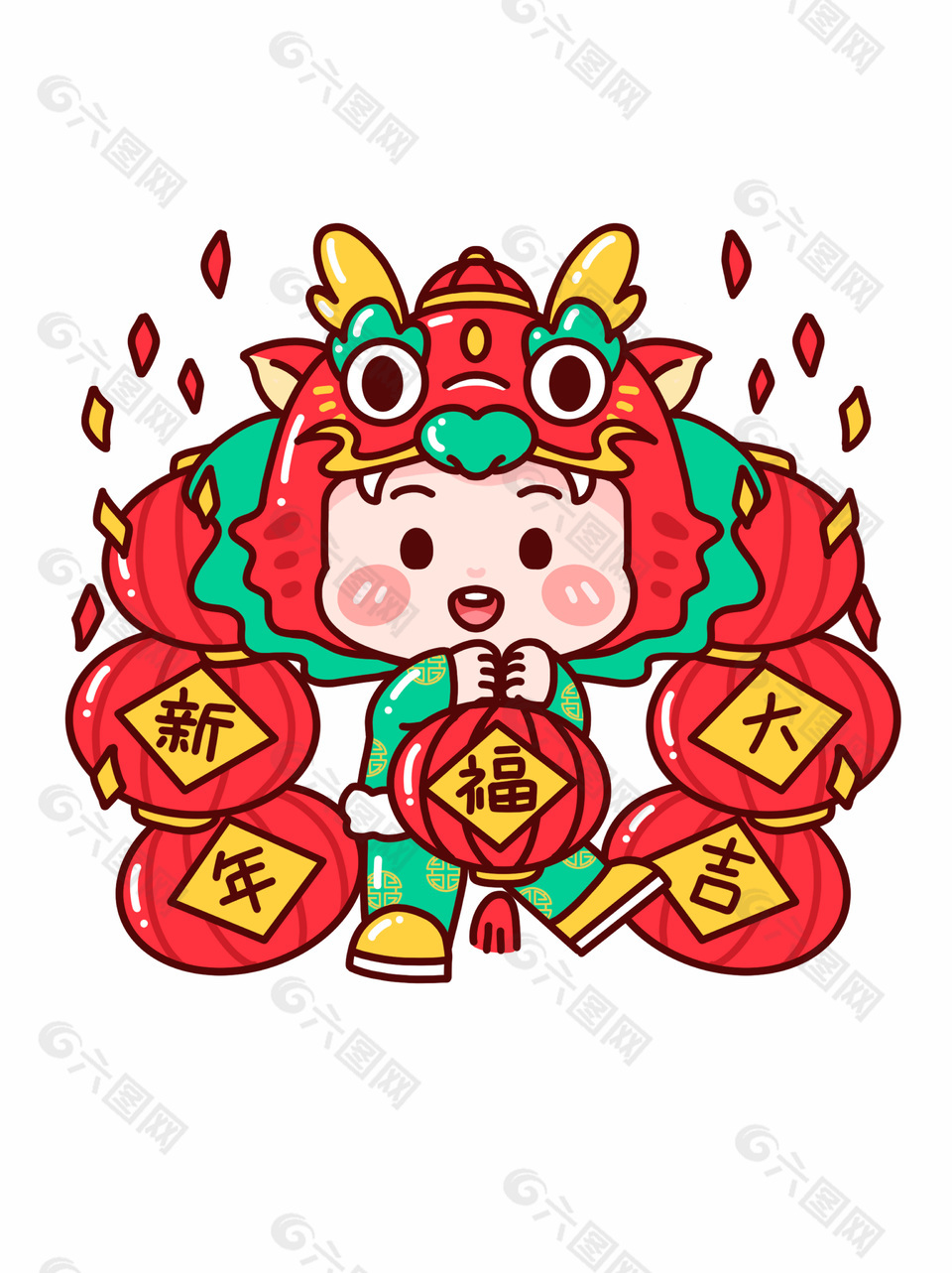 新年大吉手绘喜庆卡通龙元素插画
