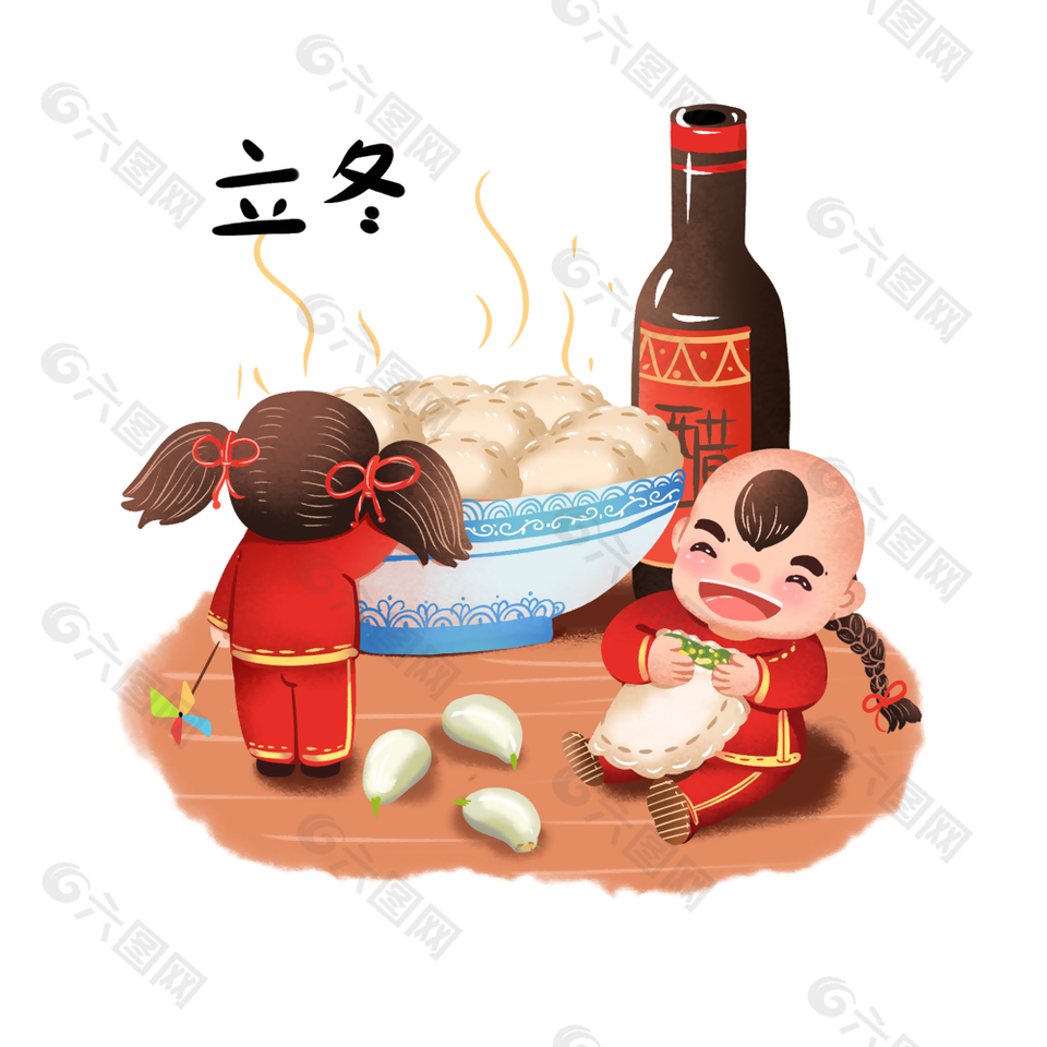 国风创意传统二十四节气立冬吃饺子插画素材