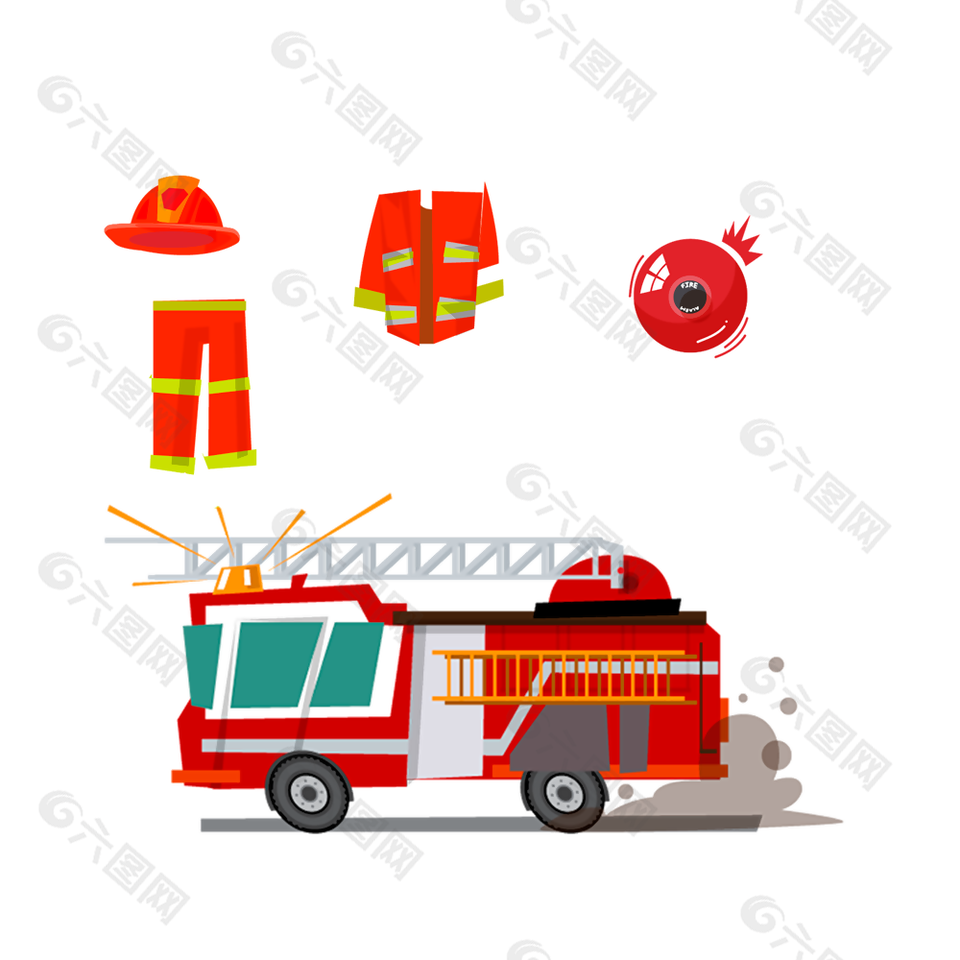 创意卡通手绘消防衣物消防车素材设计