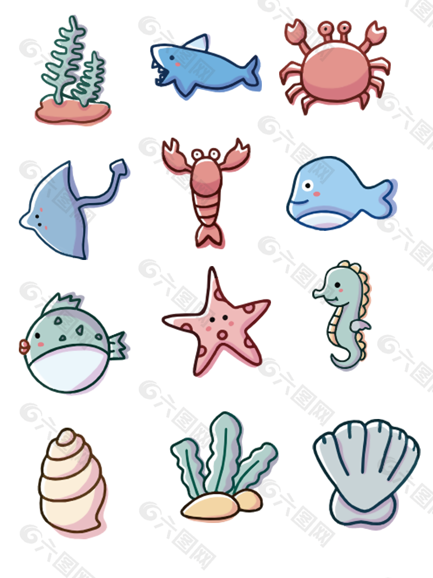 小清新可爱卡通海洋世界动物免抠素材设计