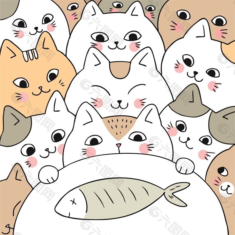 可爱吃鱼小猫插画